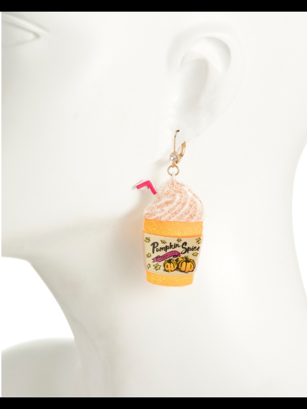 Pumpkin Spice Cup Frappe Drop Earrings - Gold & White - Picture 2 of 5